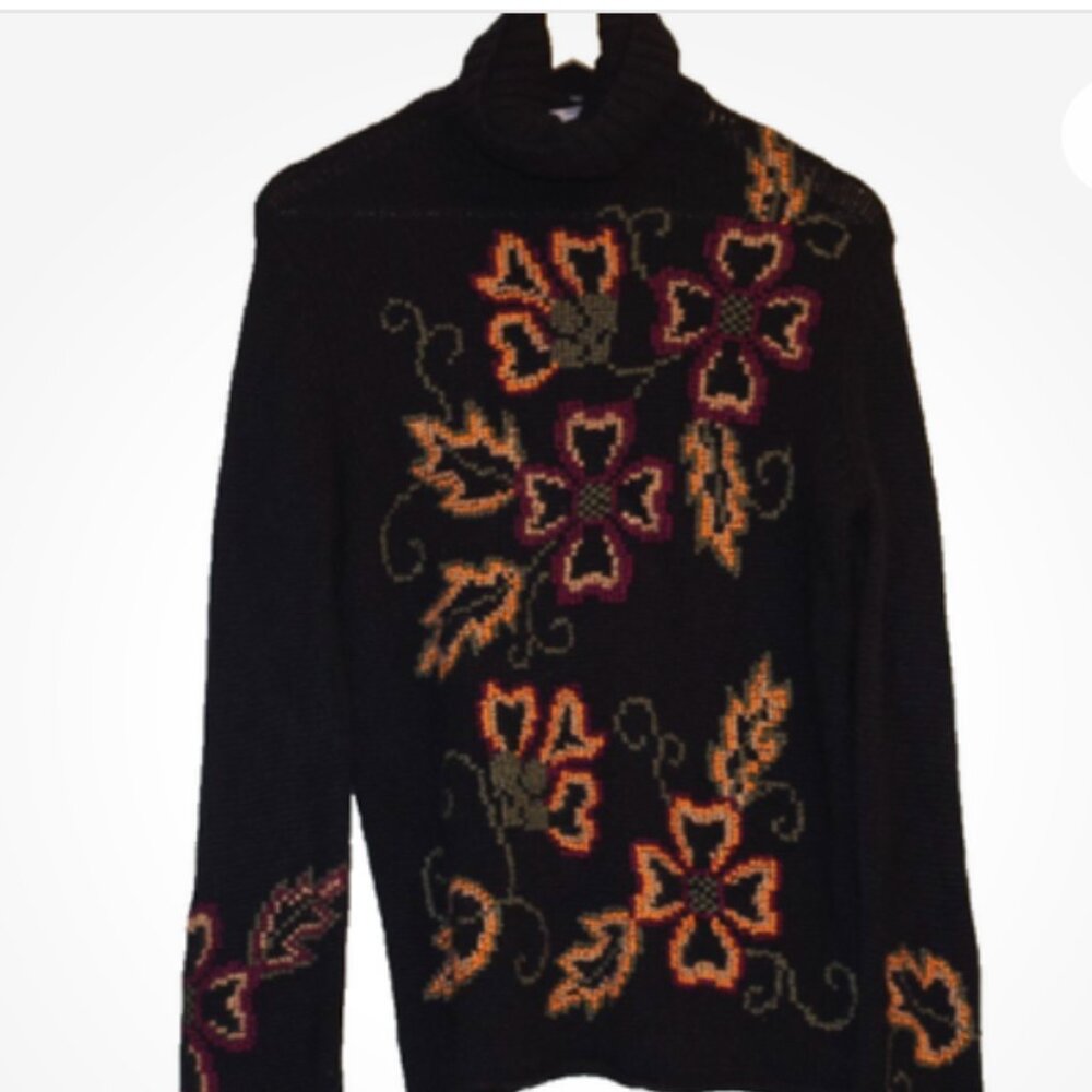 Grayson & Dunn Back cashmere Turtleneck  Sweater with Floral Accents size L